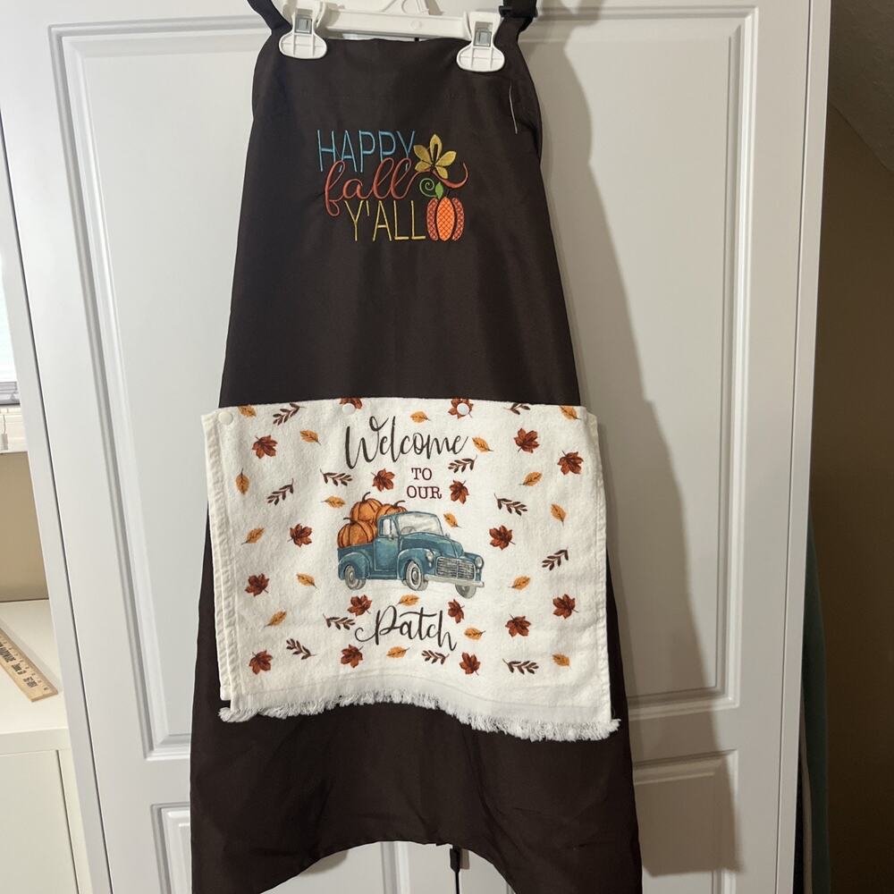 Custom Made Kitchen Apron With Embroidery & Removable Towel Washable Happy Fall